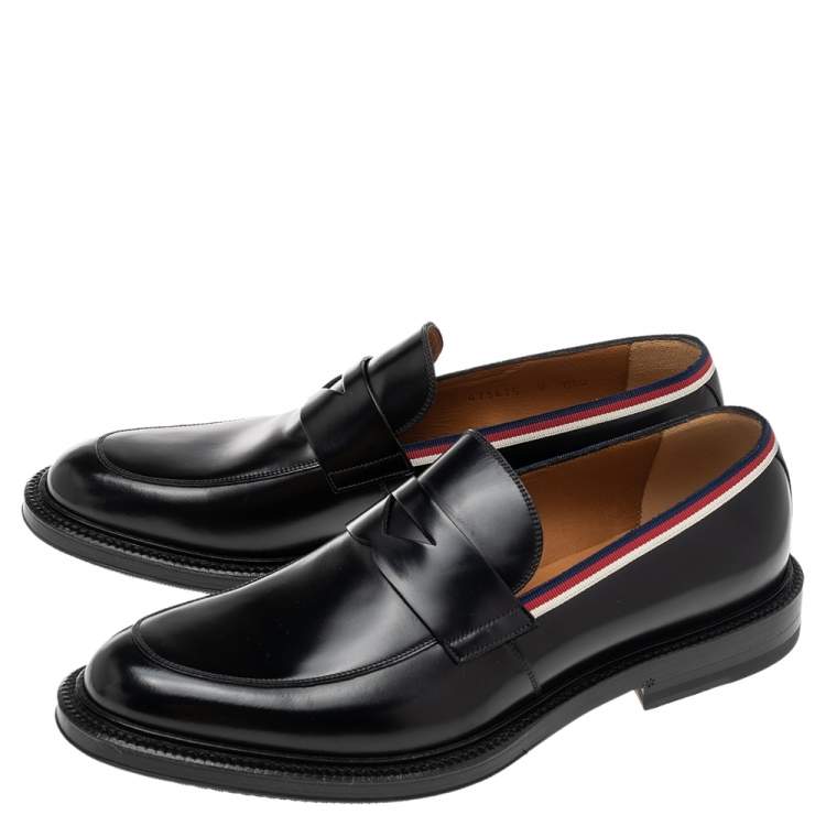 Pre Owned Gucci Black Glossy Leather Web Trim Loafers Size 43