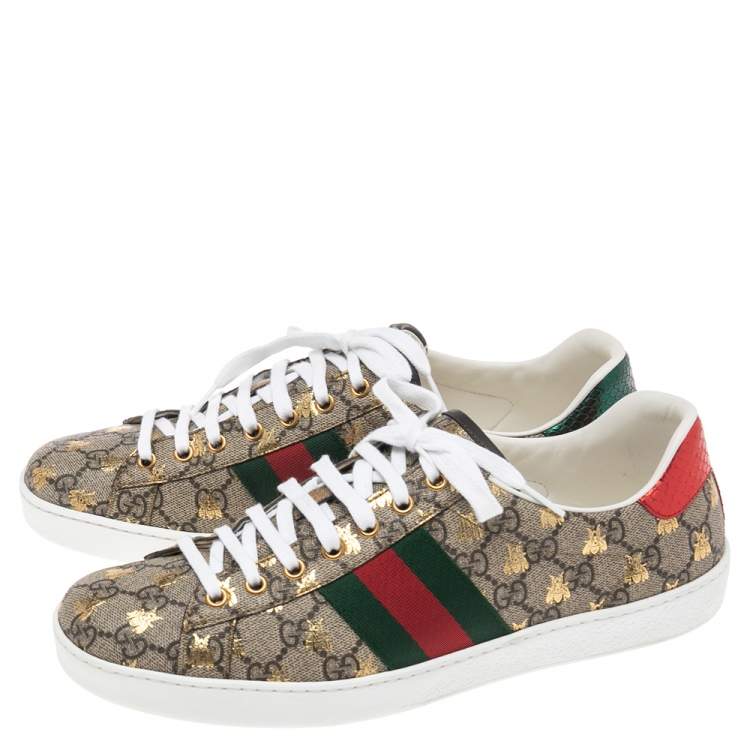 Pre Owned Gucci Beige/Red Canvas And Python Embossed Leather Ace Low Top Sneakers Size 43
