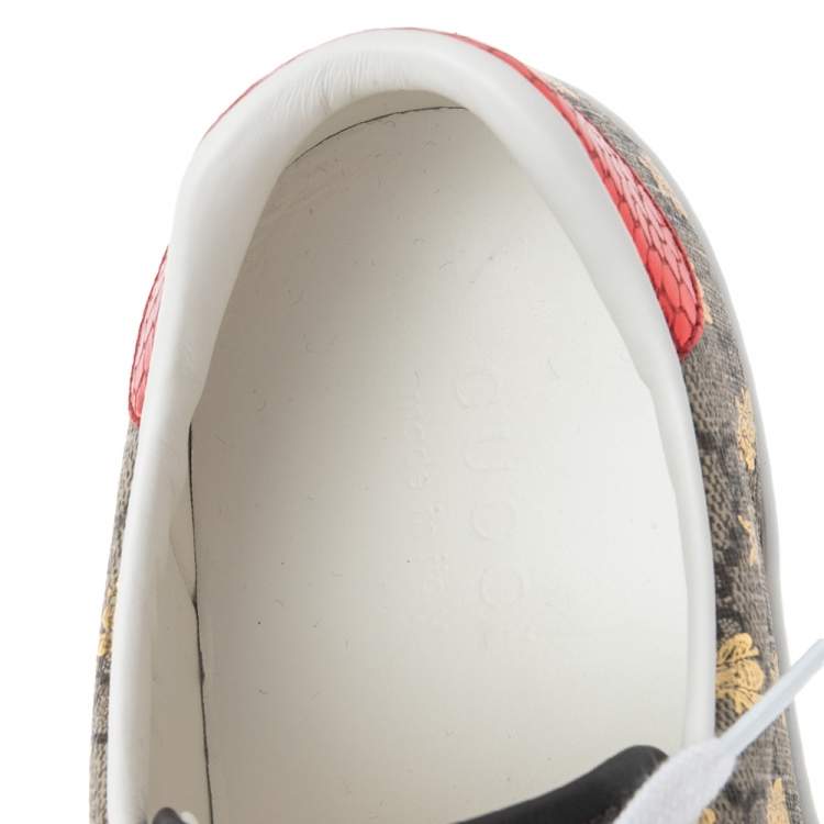 Pre Owned Gucci Beige/Red Canvas And Python Embossed Leather Ace Low Top Sneakers Size 43
