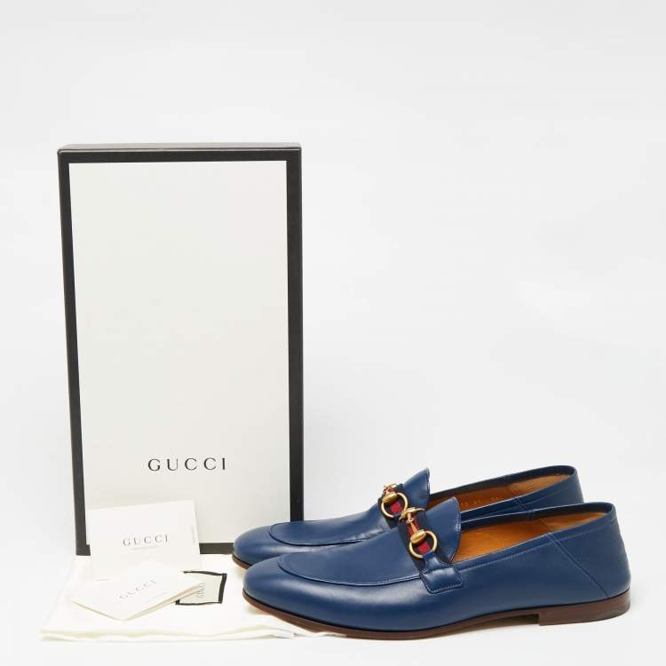 Pre Owned Gucci Navy Blue Leather Horsebit Web Loafers Size 45