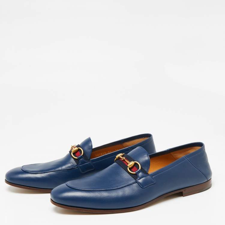 Pre Owned Gucci Navy Blue Leather Horsebit Web Loafers Size 45