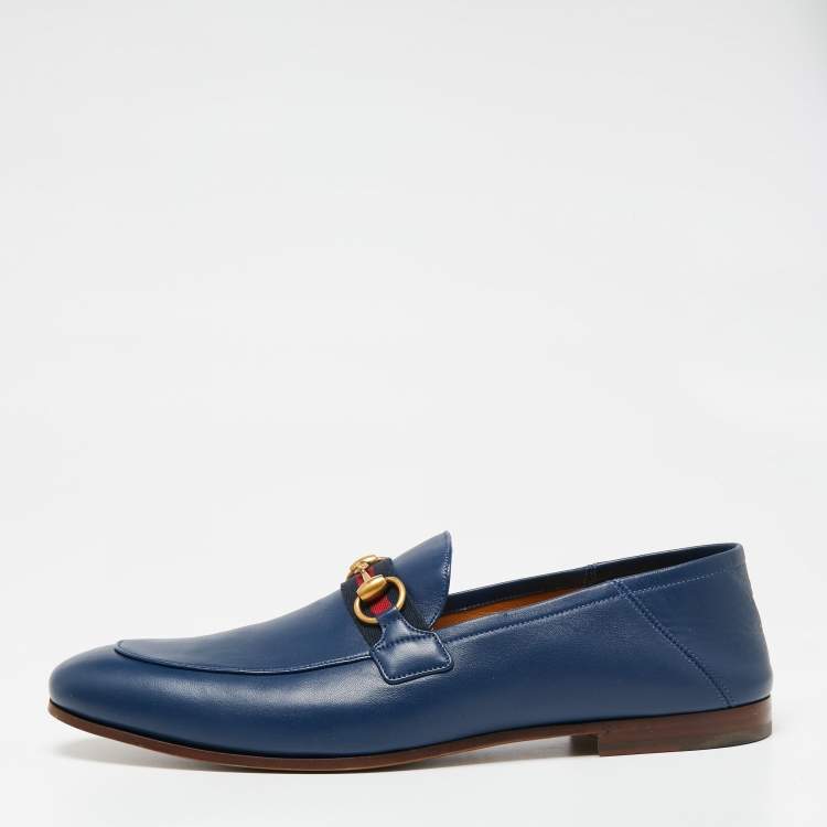 Pre Owned Gucci Navy Blue Leather Horsebit Web Loafers Size 45