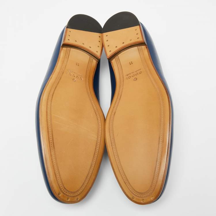 Pre Owned Gucci Navy Blue Leather Horsebit Web Loafers Size 45
