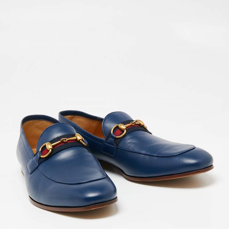Pre Owned Gucci Navy Blue Leather Horsebit Web Loafers Size 45
