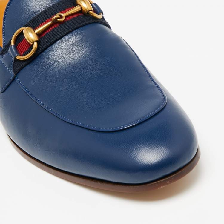 Pre Owned Gucci Navy Blue Leather Horsebit Web Loafers Size 45