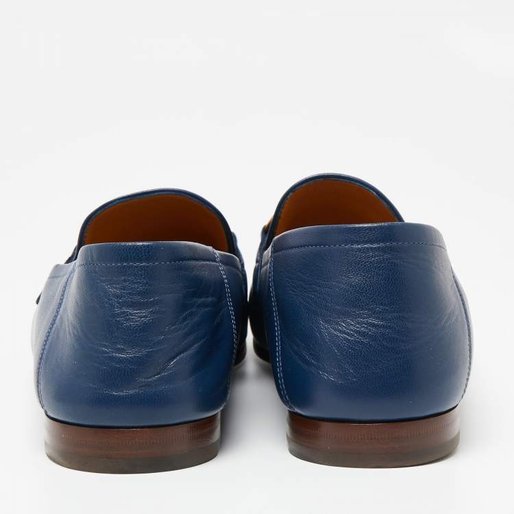 Pre Owned Gucci Navy Blue Leather Horsebit Web Loafers Size 45