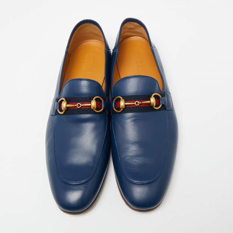 Pre Owned Gucci Navy Blue Leather Horsebit Web Loafers Size 45