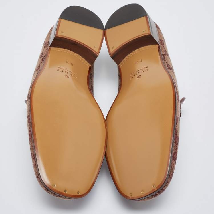 Pre Owned Gucci Burgundy/Beige GG Canvas Quentin Horsebit Slip On Loafers Size 42.5