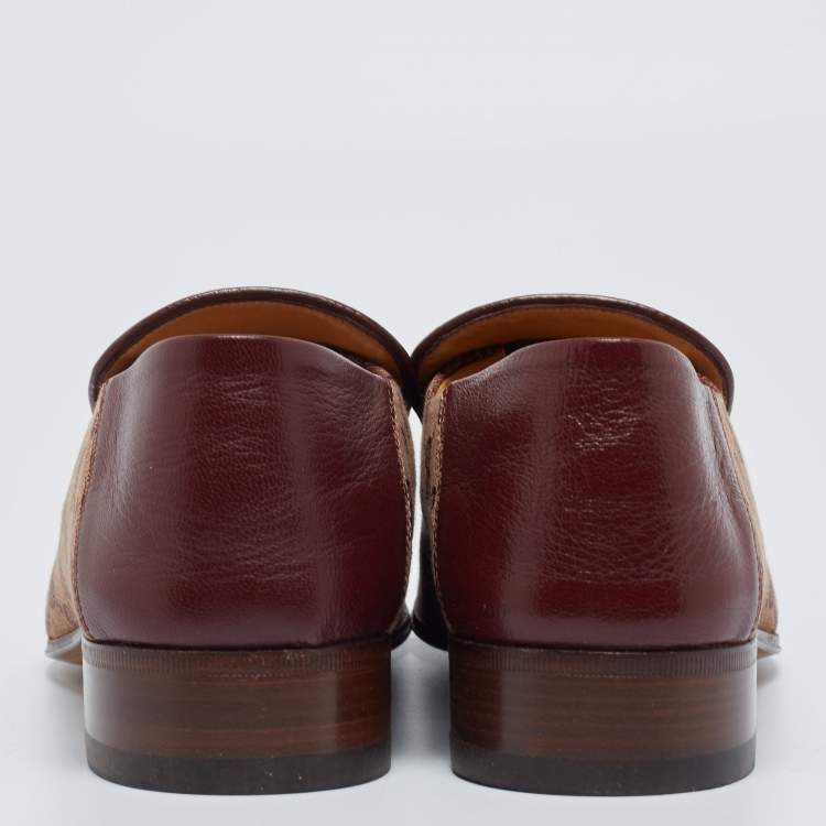 Pre Owned Gucci Burgundy/Beige GG Canvas Quentin Horsebit Slip On Loafers Size 42.5