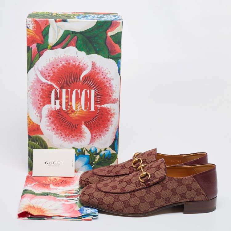 Pre Owned Gucci Burgundy/Beige GG Canvas Quentin Horsebit Slip On Loafers Size 42.5