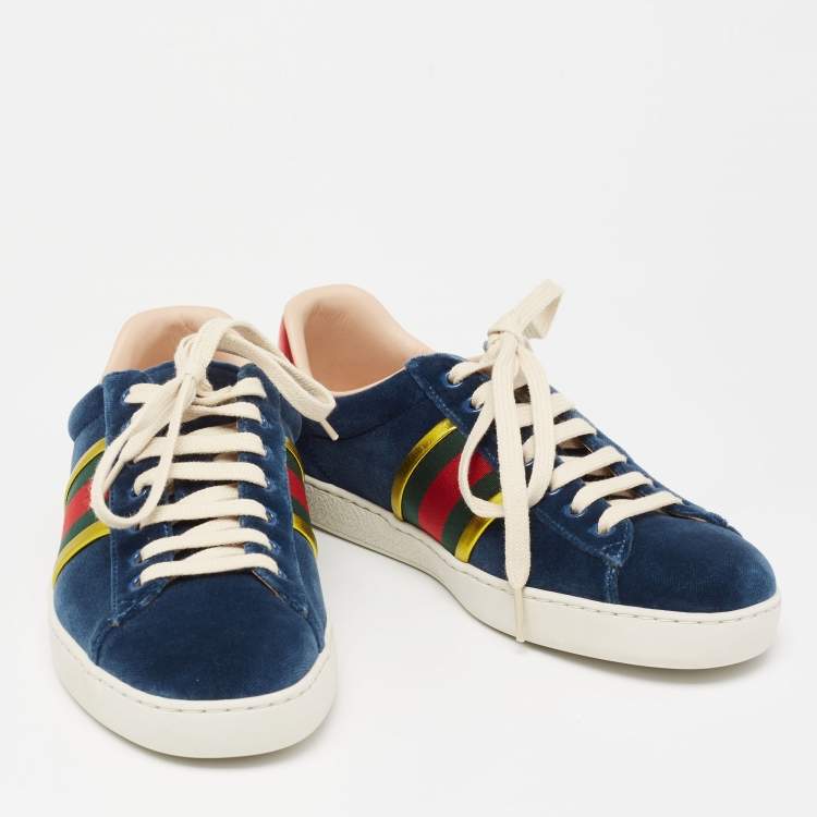 Pre Owned Gucci Blue Velvet and Leather Web Ace Sneakers Size 40