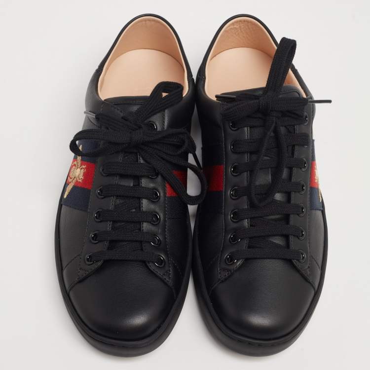 Pre Owned Gucci Black Leather Embroidered Bee Web Ace Low-Top Sneakers Size 40