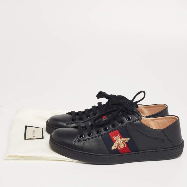 Pre Owned Gucci Black Leather Embroidered Bee Web Ace Low-Top Sneakers Size 40