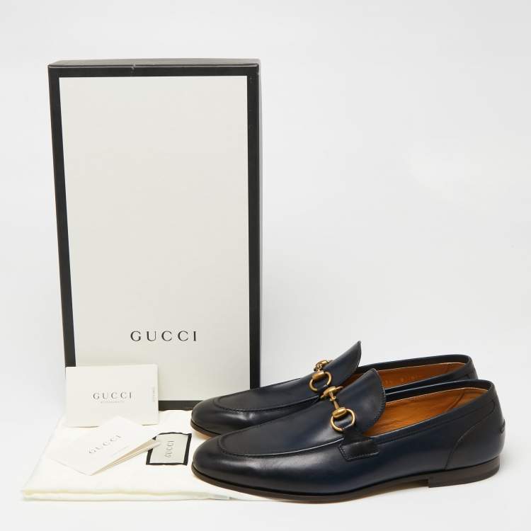 Pre Owned Gucci Dark Navy Blue Leather Horsebit Jordaan Loafers Size 42