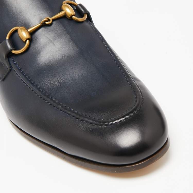 Pre Owned Gucci Dark Navy Blue Leather Horsebit Jordaan Loafers Size 42