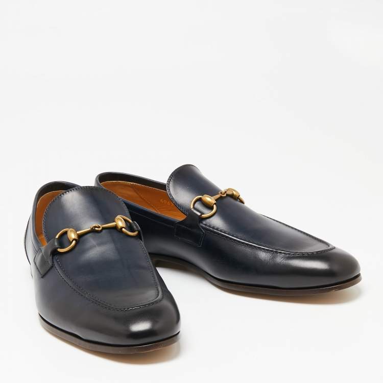 Pre Owned Gucci Dark Navy Blue Leather Horsebit Jordaan Loafers Size 42