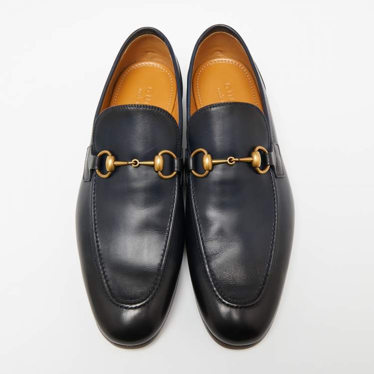 Pre Owned Gucci Dark Navy Blue Leather Horsebit Jordaan Loafers Size 42