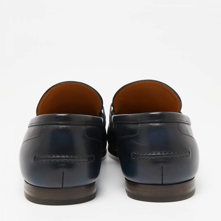 Pre Owned Gucci Dark Navy Blue Leather Horsebit Jordaan Loafers Size 42