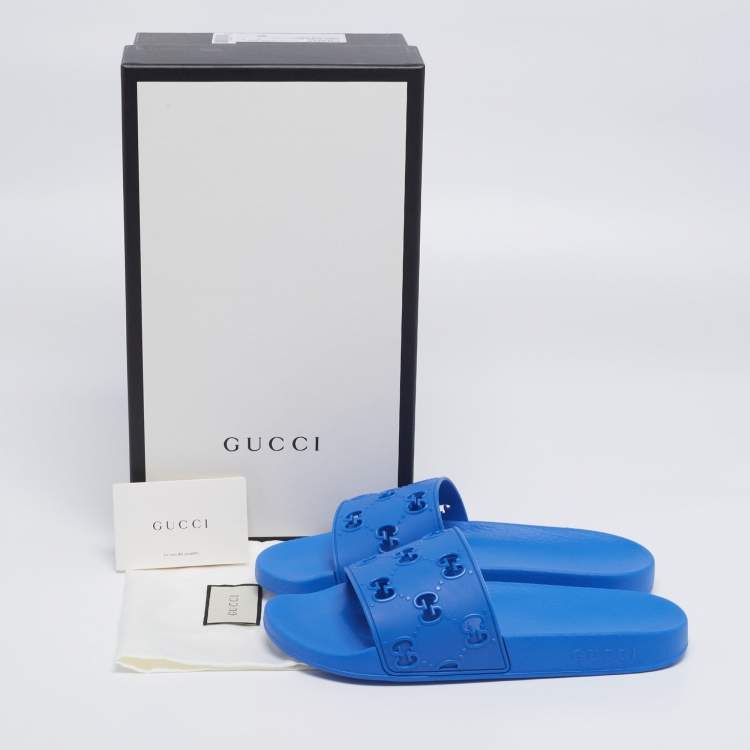 Pre Owned Gucci Blue GG Rubber Flat Slides Size 43 