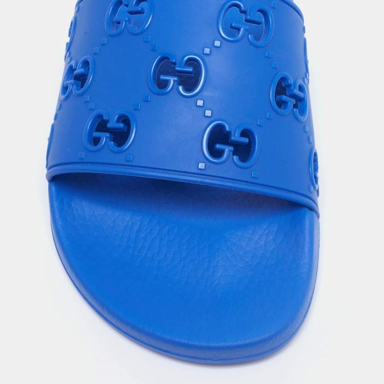 Pre Owned Gucci Blue GG Rubber Flat Slides Size 43 