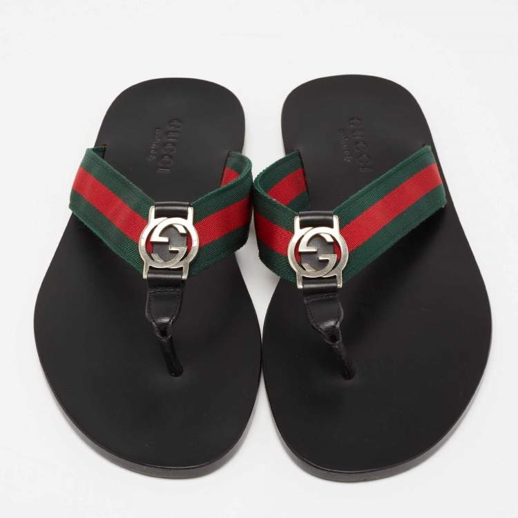 Pre Owned Gucci Black Leather and Fabric Web Interlocking G Thong Flats Size 40
