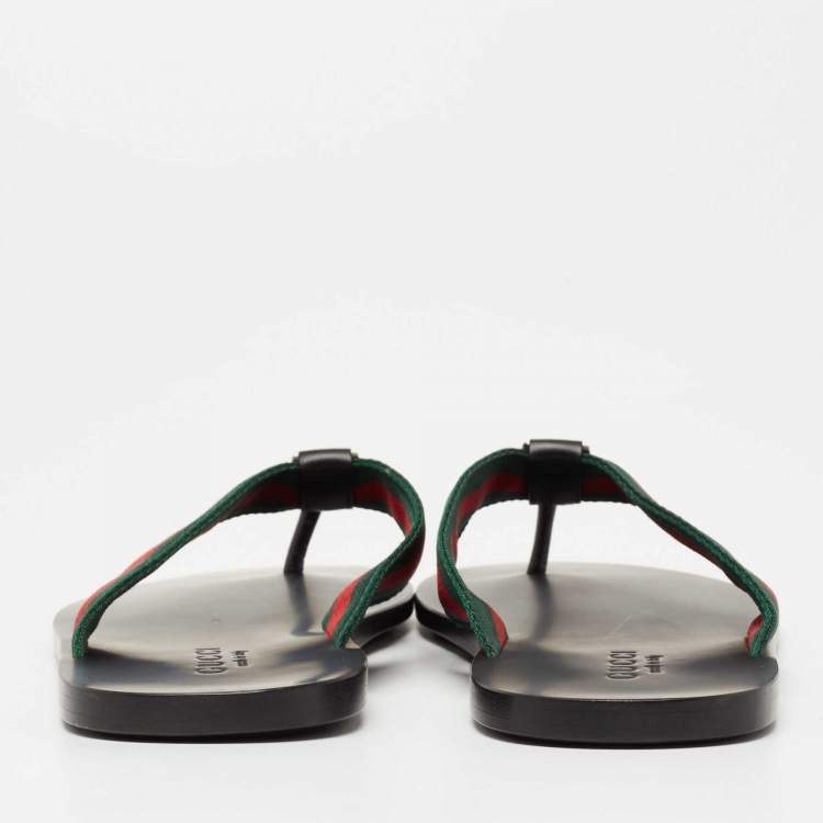Pre Owned Gucci Black Leather and Fabric Web Interlocking G Thong Flats Size 40