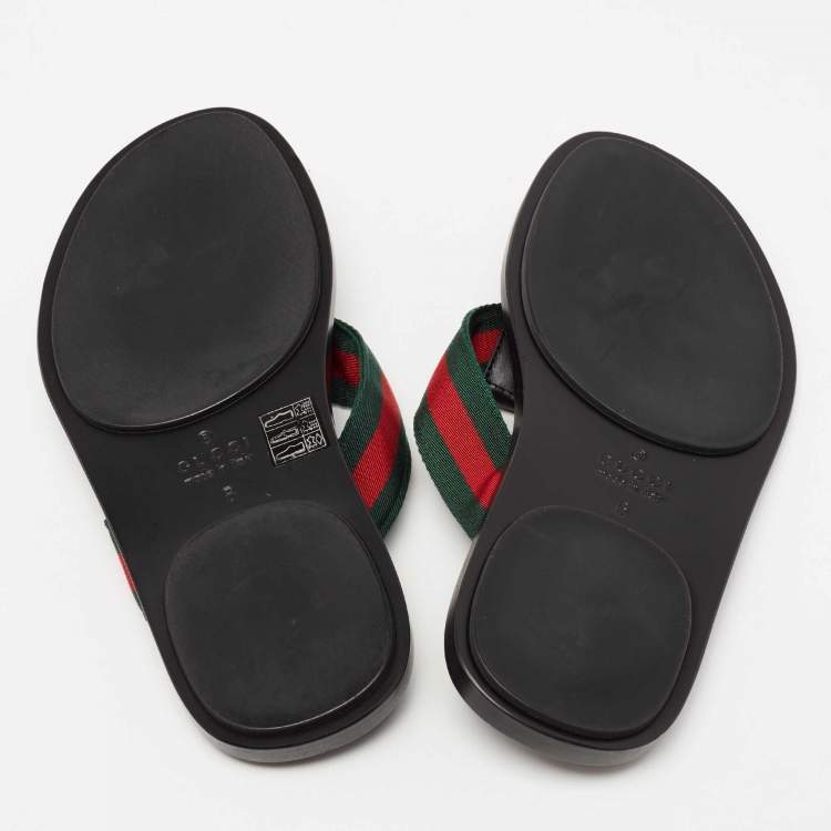 Pre Owned Gucci Black Leather and Fabric Web Interlocking G Thong Flats Size 40