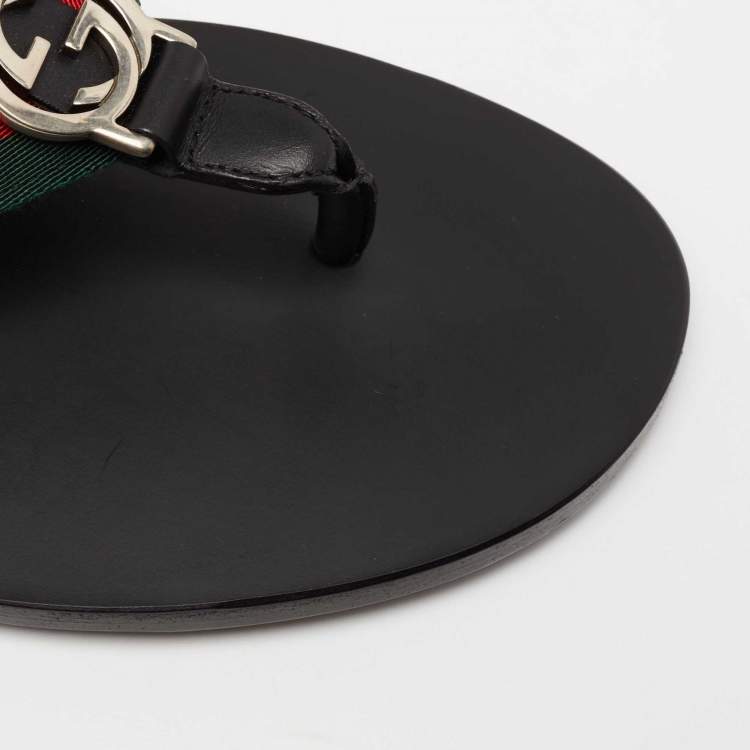 Pre Owned Gucci Black Leather and Fabric Web Interlocking G Thong Flats Size 40