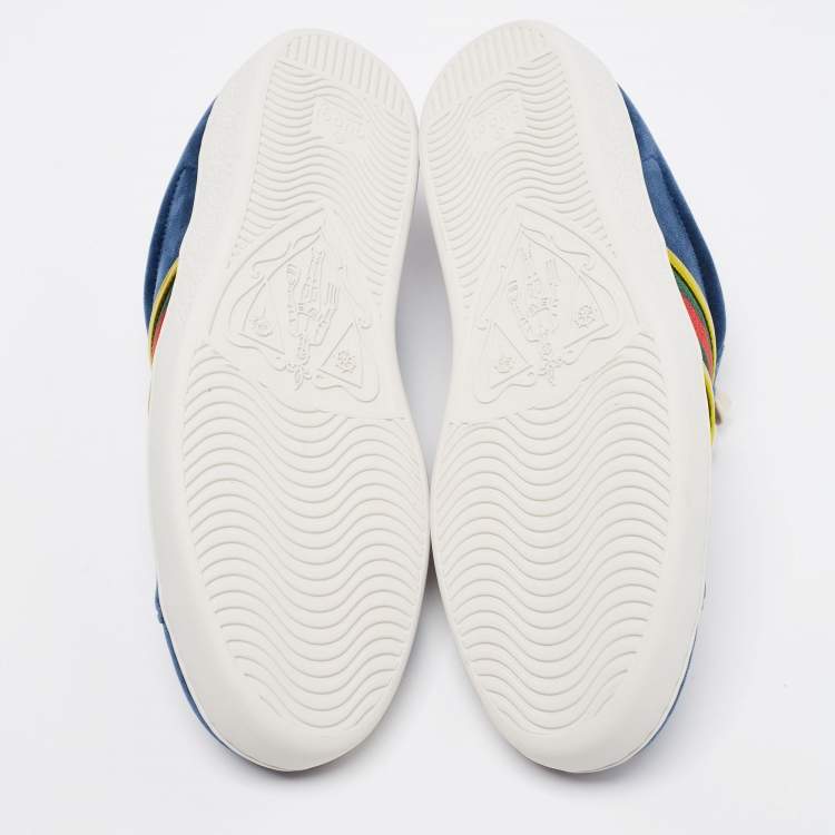 Pre Owned Gucci Blue Velvet And Leather Web Detail Low Top Sneakers Size 39.5
