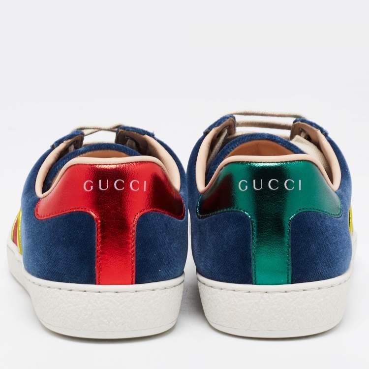 Pre Owned Gucci Blue Velvet And Leather Web Detail Low Top Sneakers Size 39.5