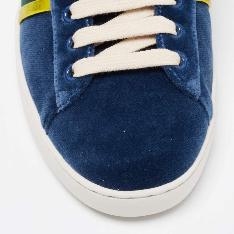 Pre Owned Gucci Blue Velvet And Leather Web Detail Low Top Sneakers Size 39.5