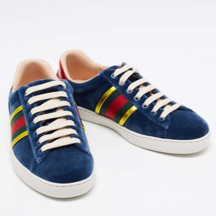Pre Owned Gucci Blue Velvet And Leather Web Detail Low Top Sneakers Size 39.5