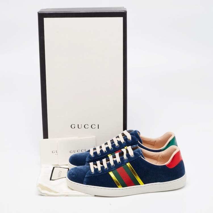 Pre Owned Gucci Blue Velvet And Leather Web Detail Low Top Sneakers Size 39.5