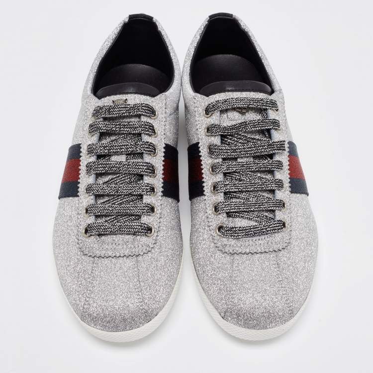 Pre Owned Gucci Metallic Silver Glitter Web Detail Studded Low Top Sneakers Size 40