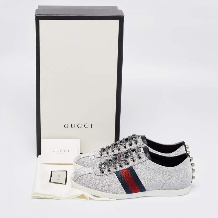 Pre Owned Gucci Metallic Silver Glitter Web Detail Studded Low Top Sneakers Size 40