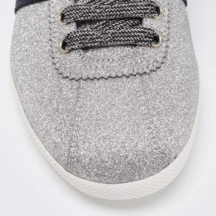 Pre Owned Gucci Metallic Silver Glitter Web Detail Studded Low Top Sneakers Size 40