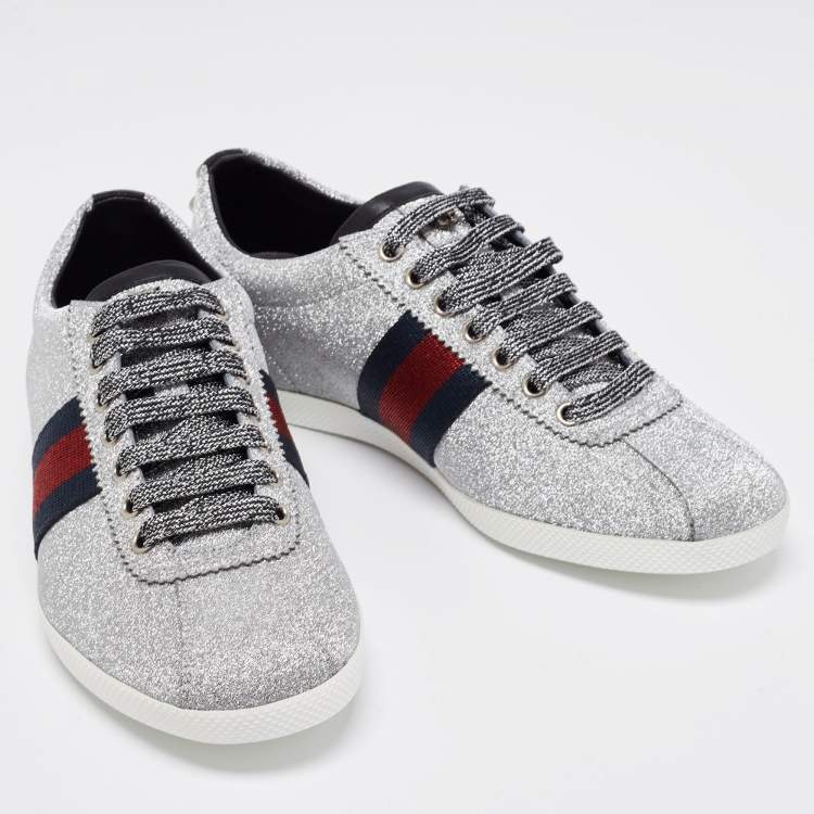 Pre Owned Gucci Metallic Silver Glitter Web Detail Studded Low Top Sneakers Size 40