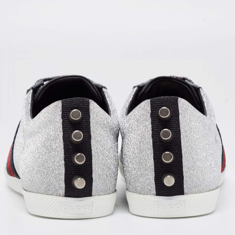 Pre Owned Gucci Metallic Silver Glitter Web Detail Studded Low Top Sneakers Size 40