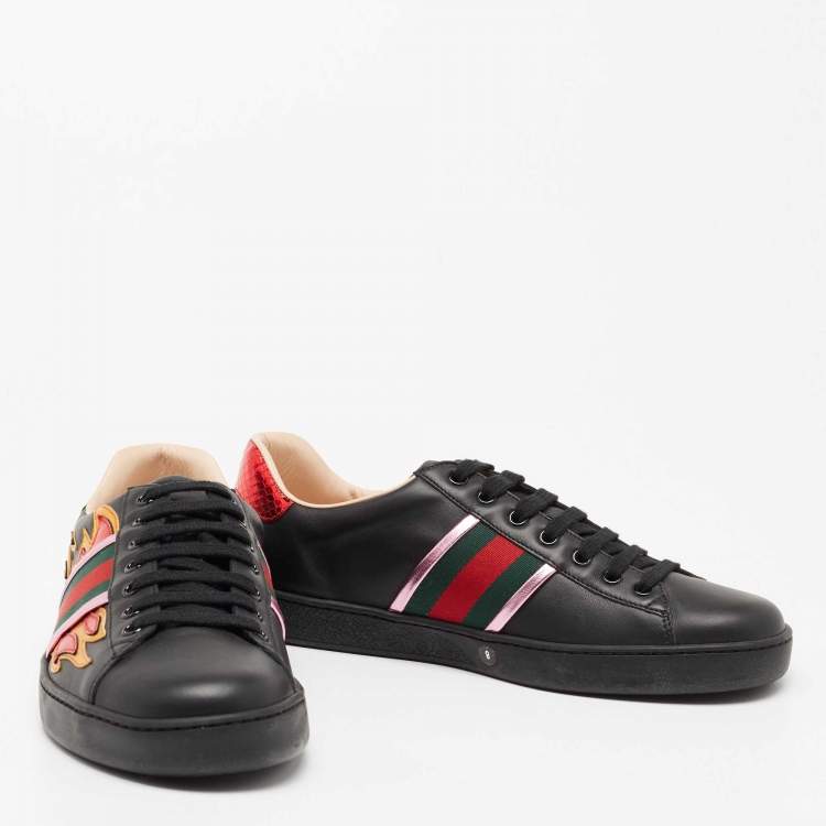 Pre Owned Gucci Black Leather And Snakeskin Embossed Ace Low Top Sneakers Size 42