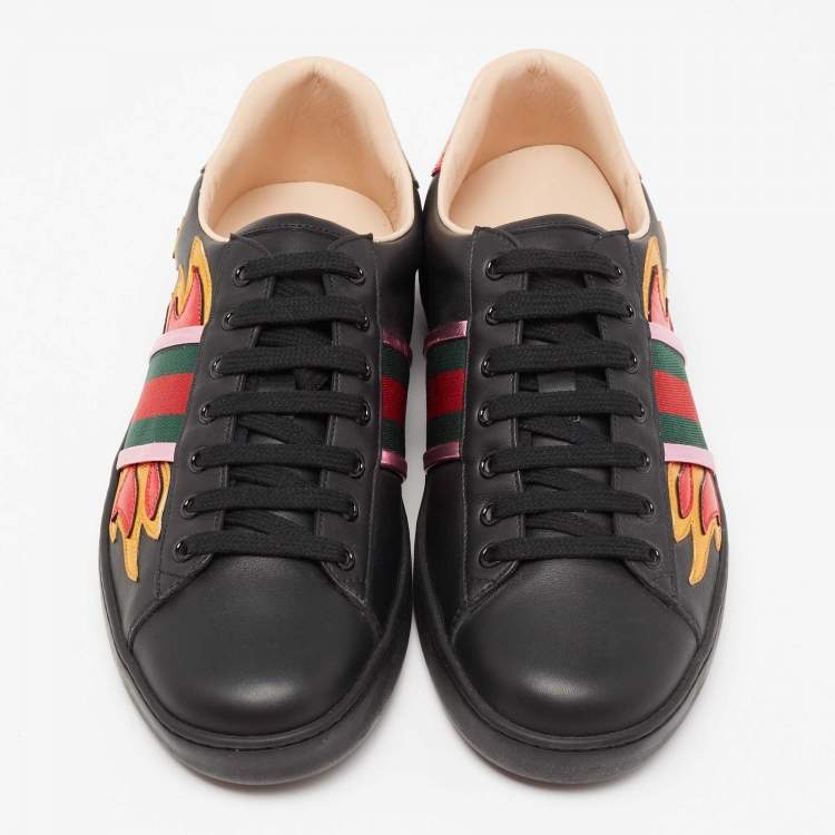 Pre Owned Gucci Black Leather And Snakeskin Embossed Ace Low Top Sneakers Size 42