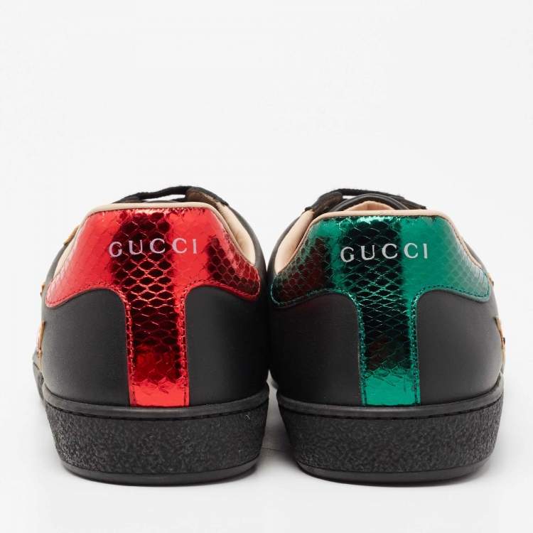 Pre Owned Gucci Black Leather And Snakeskin Embossed Ace Low Top Sneakers Size 42