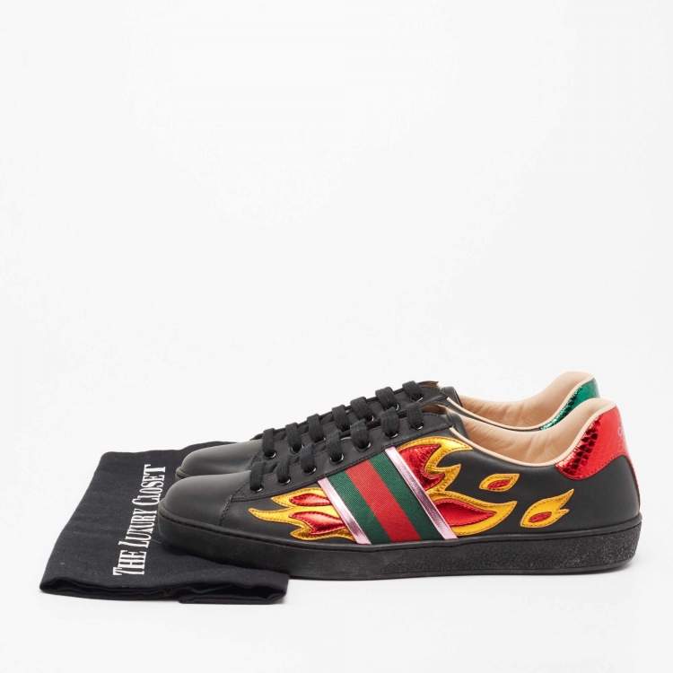 Pre Owned Gucci Black Leather And Snakeskin Embossed Ace Low Top Sneakers Size 42