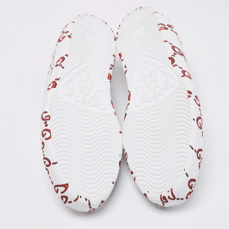 Pre Owned Gucci White/Red Leather GG Logo Ace Sneakers Size 42.5