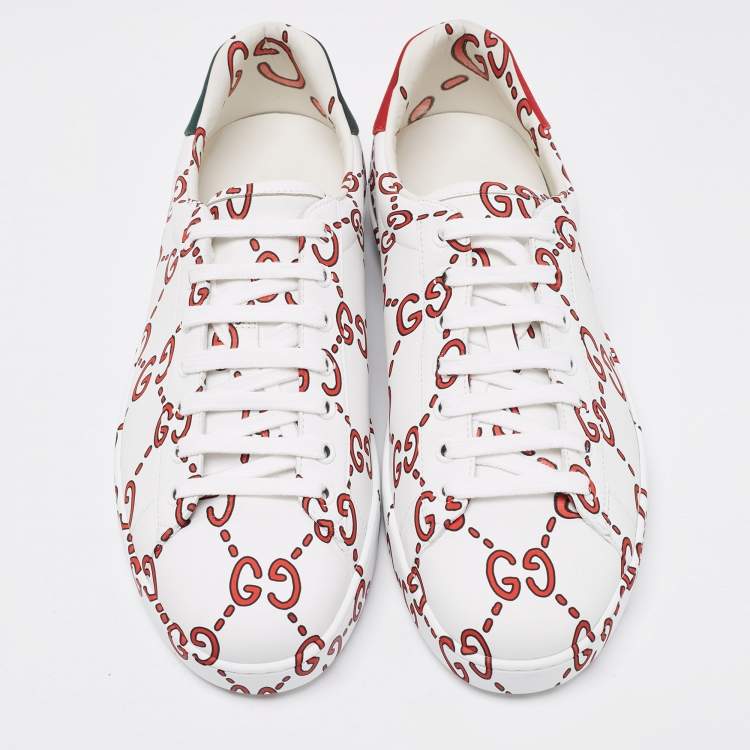 Pre Owned Gucci White/Red Leather GG Logo Ace Sneakers Size 42.5