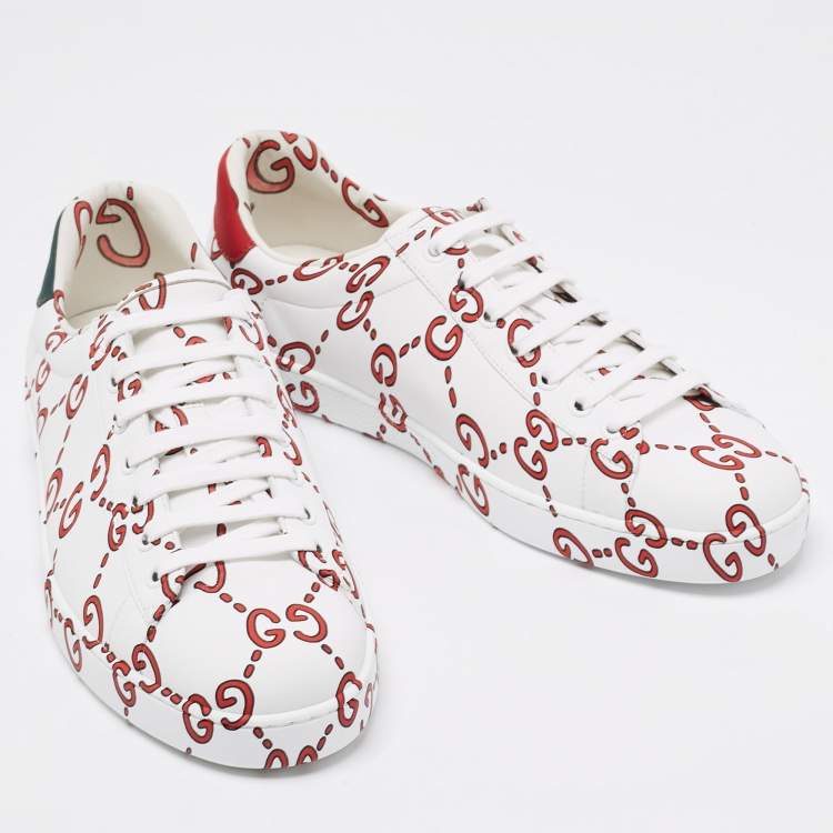 Pre Owned Gucci White/Red Leather GG Logo Ace Sneakers Size 42.5