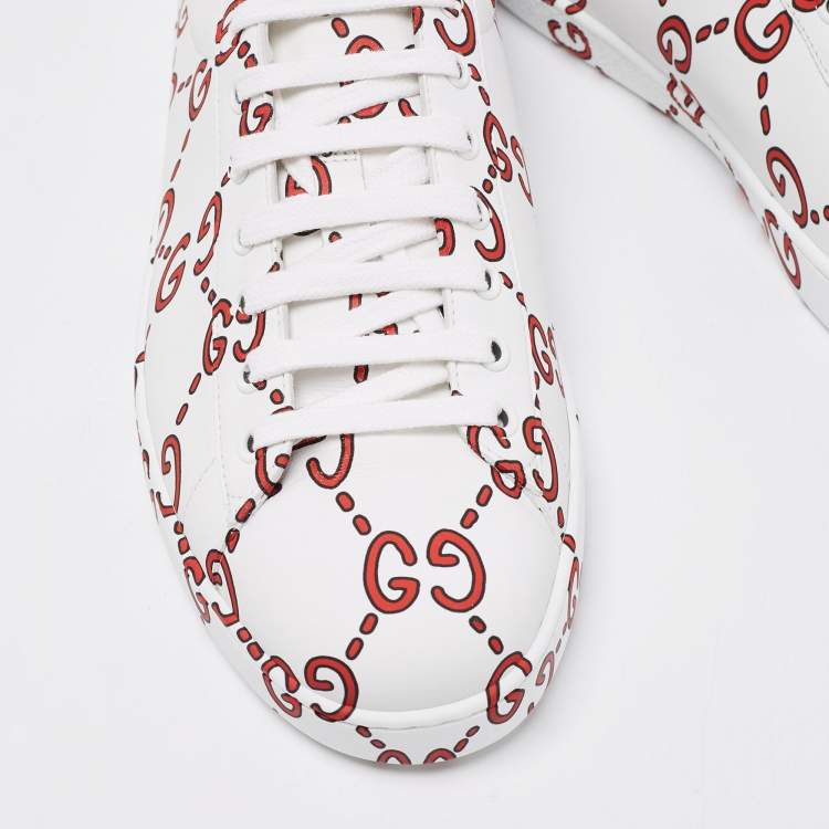 Pre Owned Gucci White/Red Leather GG Logo Ace Sneakers Size 42.5