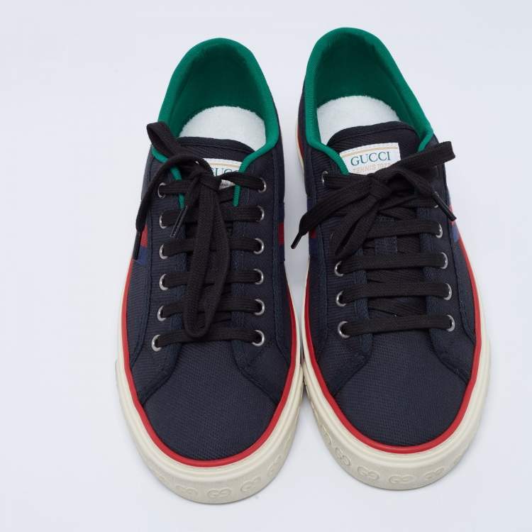 Pre Owned Gucci Blue Canvas Web Detail Tennis Low Top Sneakers Size 41.5