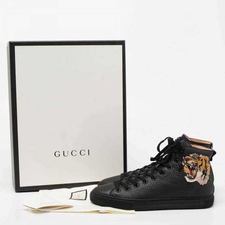Pre Owned Gucci Black Leather Tiger Patch High Top Sneakers Size 41