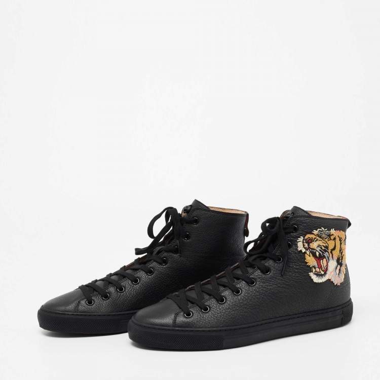 Black Leather Tiger Patch High Top Sneakers 41 Gucci | TLC