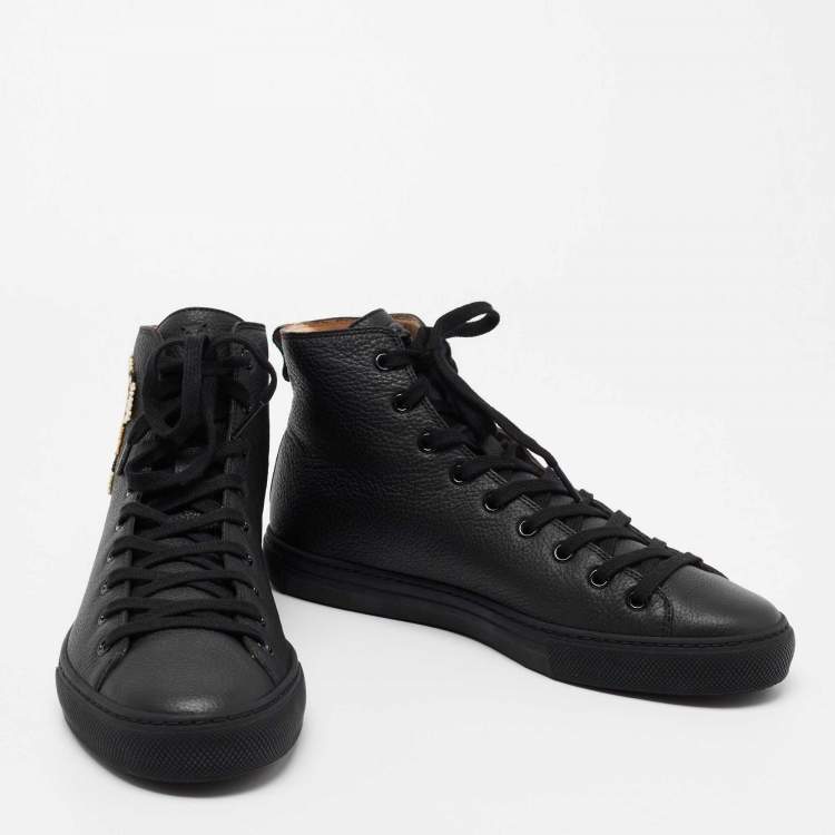 Pre Owned Gucci Black Leather Tiger Patch High Top Sneakers Size 41